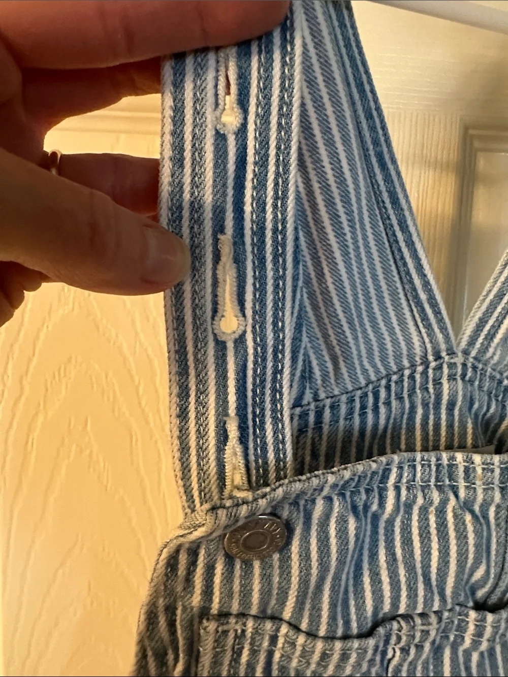 Old Navy Girls’ Blue and White Railroad Striped Raw Hem Short Overalls